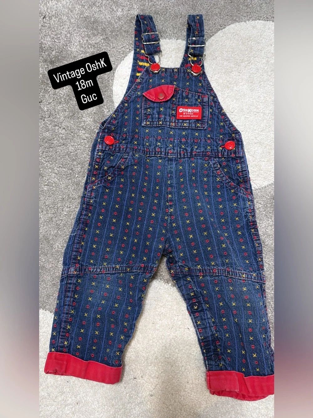 VINTAGE OshKosh B'gosh Denim Patterned Overalls - Navy with Red Accents